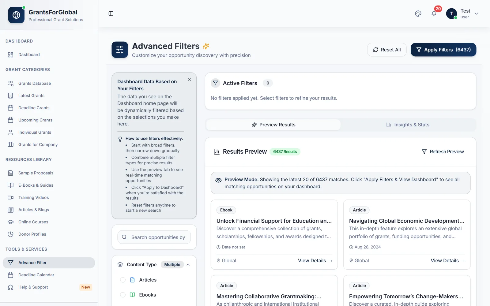 Advanced Filters in the member dashboard