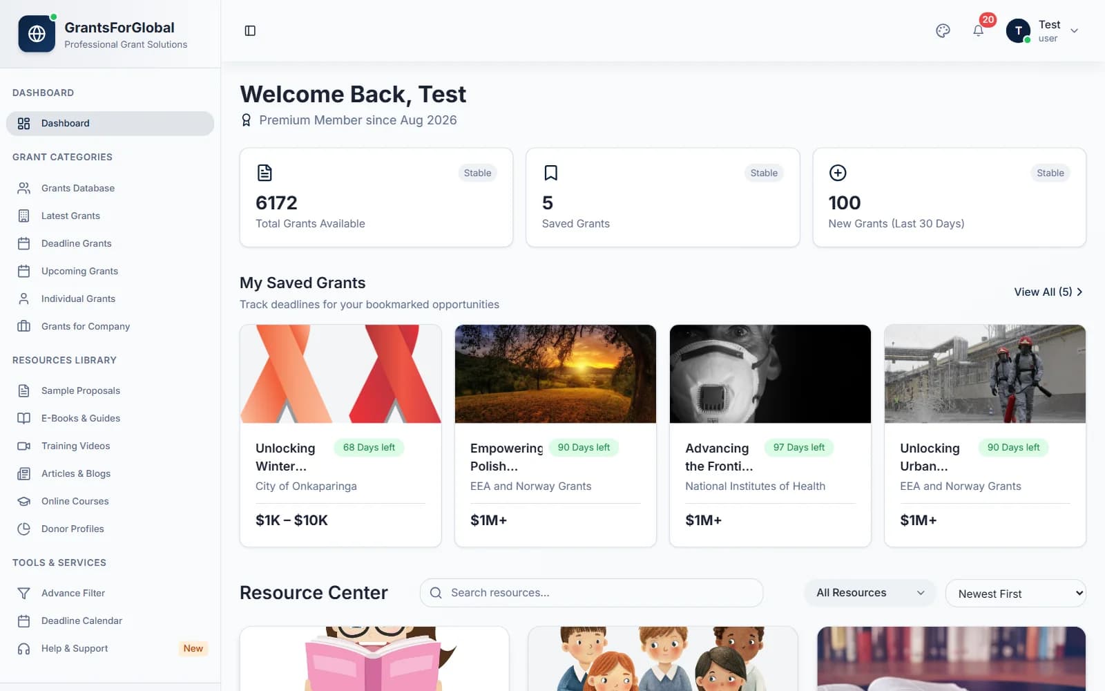 Member dashboard home screen
