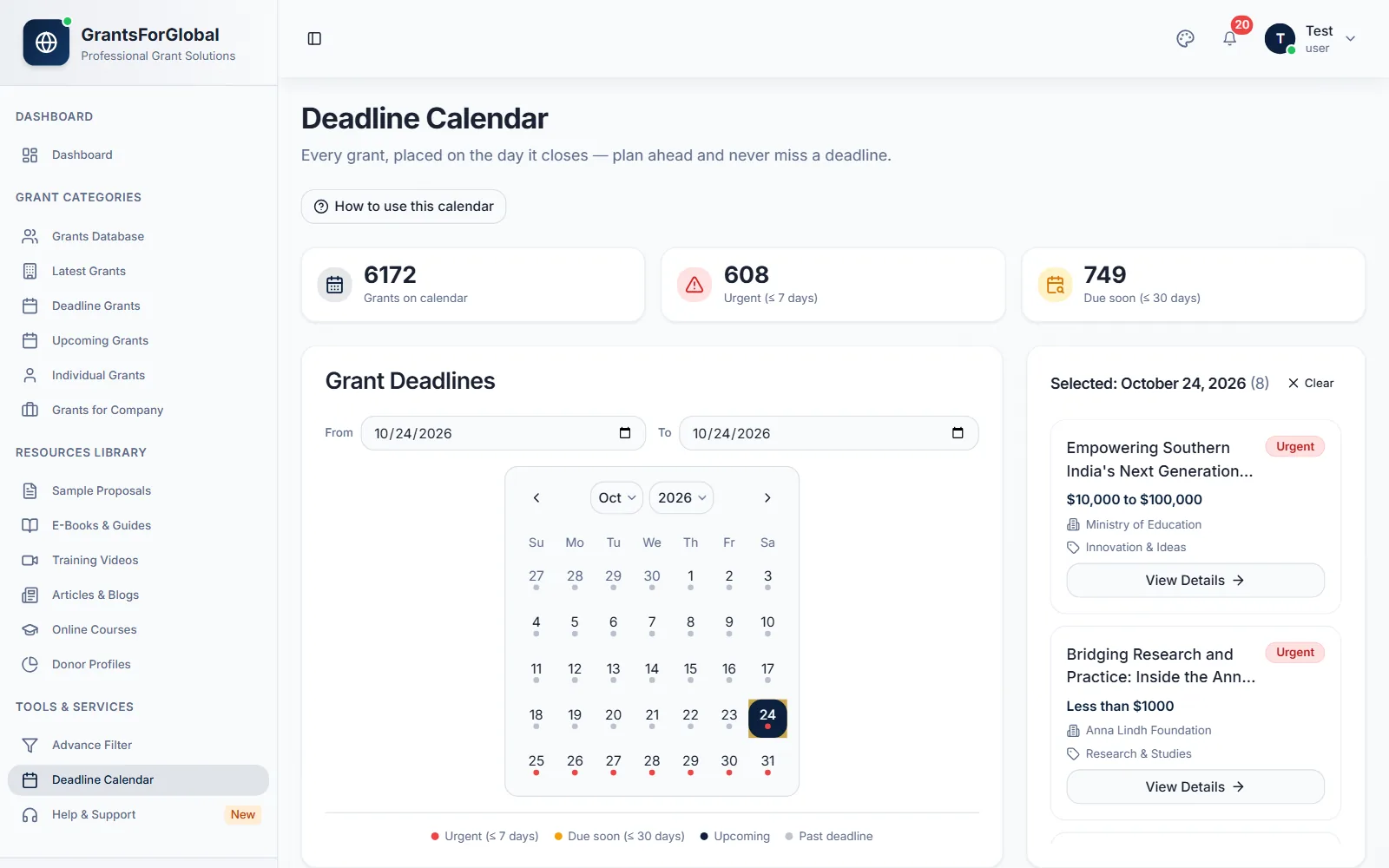 Deadline Calendar in the member dashboard