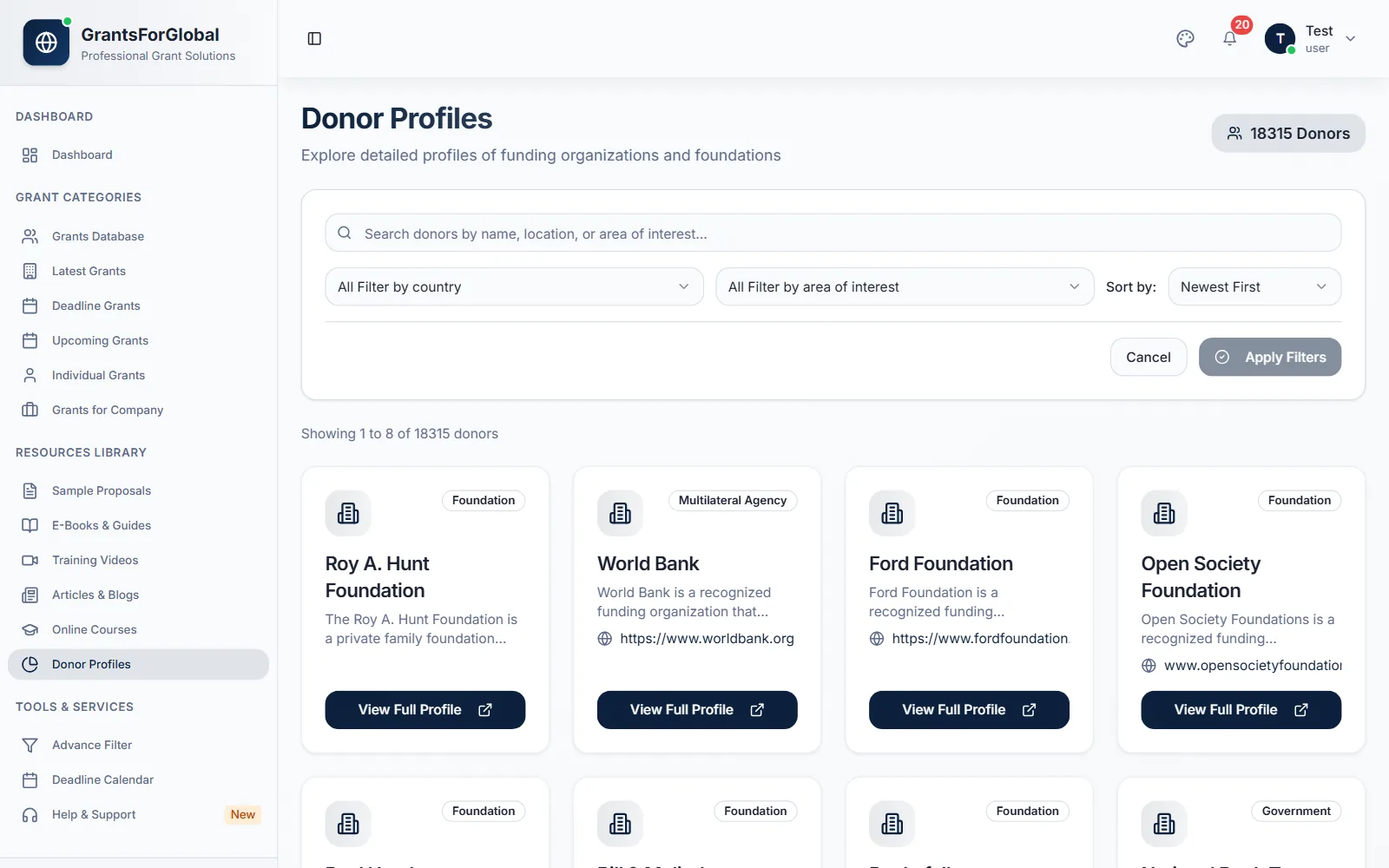 Donor Profiles in the member dashboard