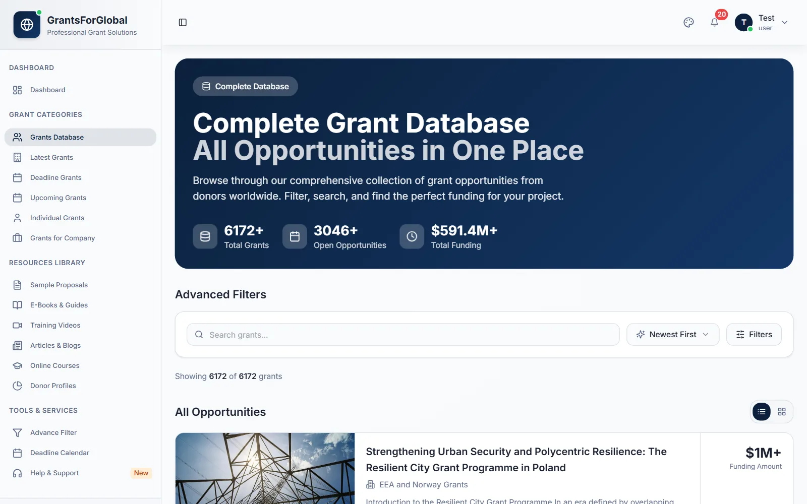 Grant Database in the member dashboard