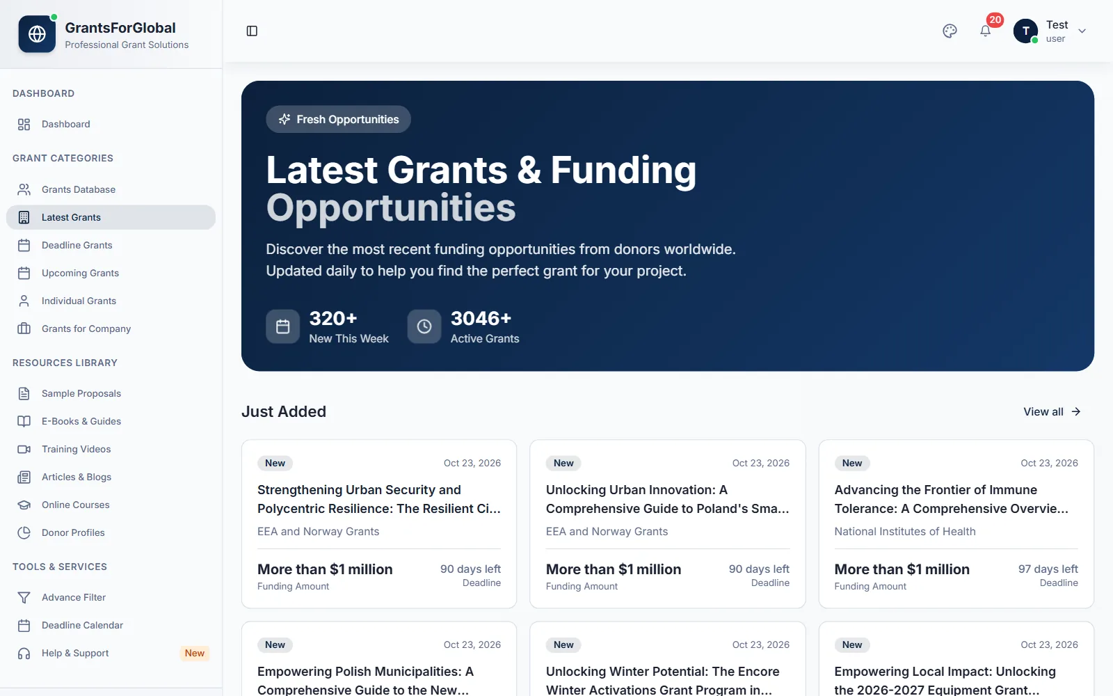 Latest Grants in the member dashboard
